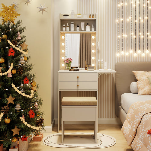Compact Vanity Desk Set, 3-Color Lighted Mirror, Power Outlets, White