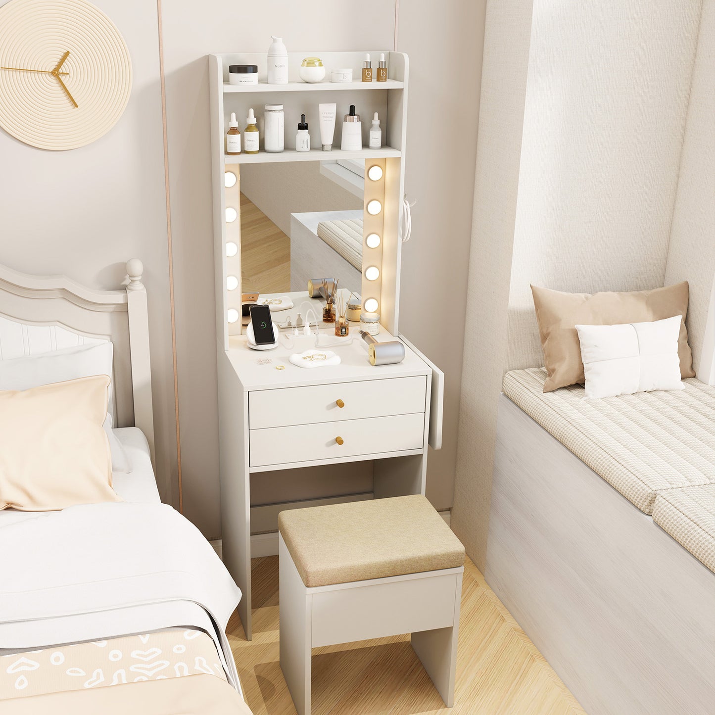 Compact Vanity Desk Set with 3-Color Lighted Mirror and Power Outlets, White Makeup Vanities at Gallery Canada