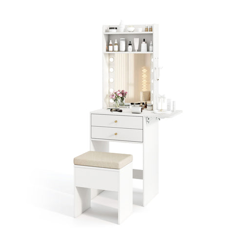 Compact Vanity Desk Set, 3-Color Lighted Mirror, Power Outlets, White