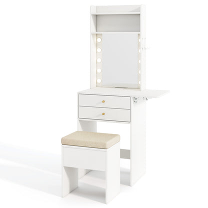 Compact Vanity Desk Set with 3-Color Lighted Mirror and Power Outlets, White Makeup Vanities at Gallery Canada