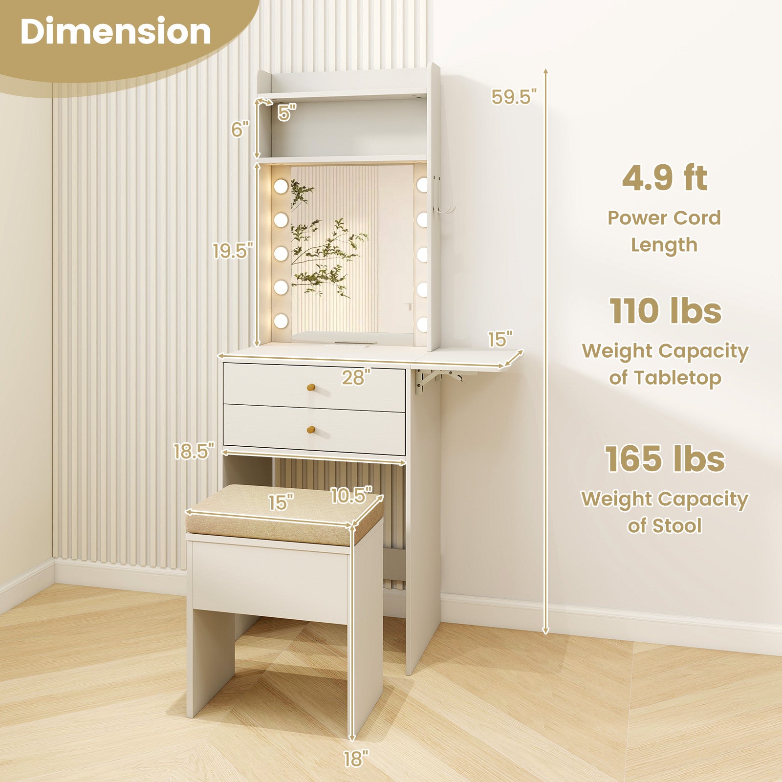 Compact Vanity Desk Set with 3-Color Lighted Mirror and Power Outlets, White Makeup Vanities at Gallery Canada