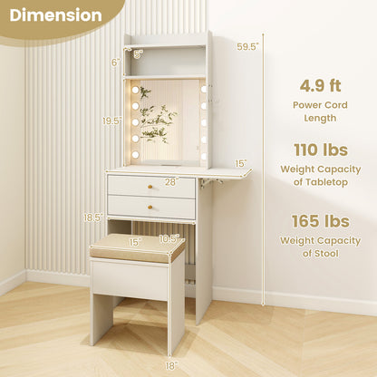 Compact Vanity Desk Set with 3-Color Lighted Mirror and Power Outlets, White Makeup Vanities at Gallery Canada