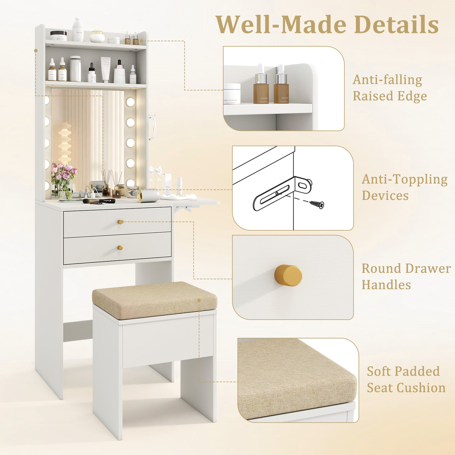 Compact Vanity Desk Set with 3-Color Lighted Mirror and Power Outlets, White Makeup Vanities at Gallery Canada