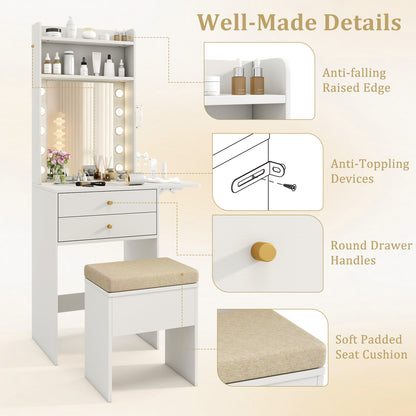 Compact Vanity Desk Set with 3-Color Lighted Mirror and Power Outlets, White Makeup Vanities at Gallery Canada