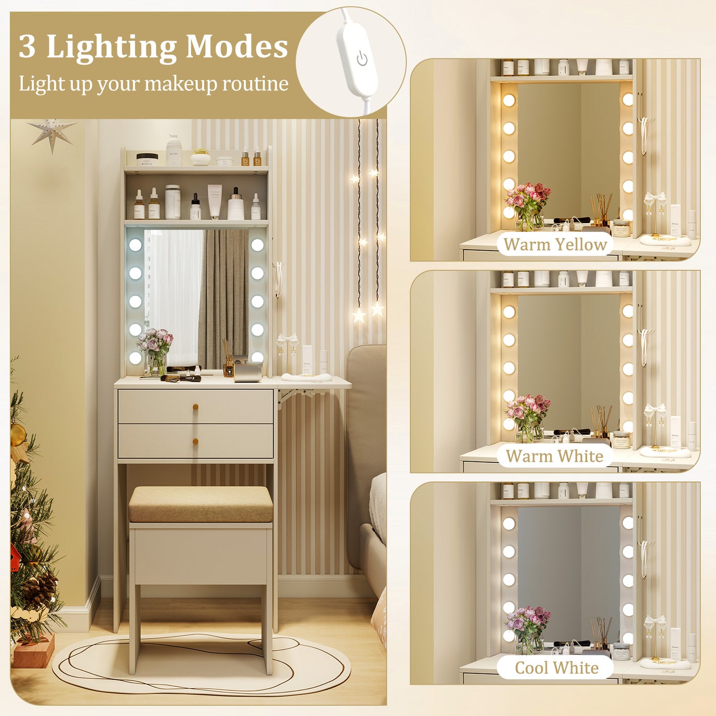 Compact Vanity Desk Set, 3-Color Lighted Mirror, Power Outlets, White Makeup Vanities at Gallery Canada