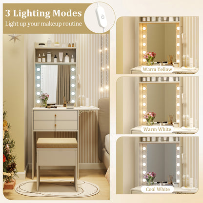 Compact Vanity Desk Set, 3-Color Lighted Mirror, Power Outlets, White Makeup Vanities at Gallery Canada