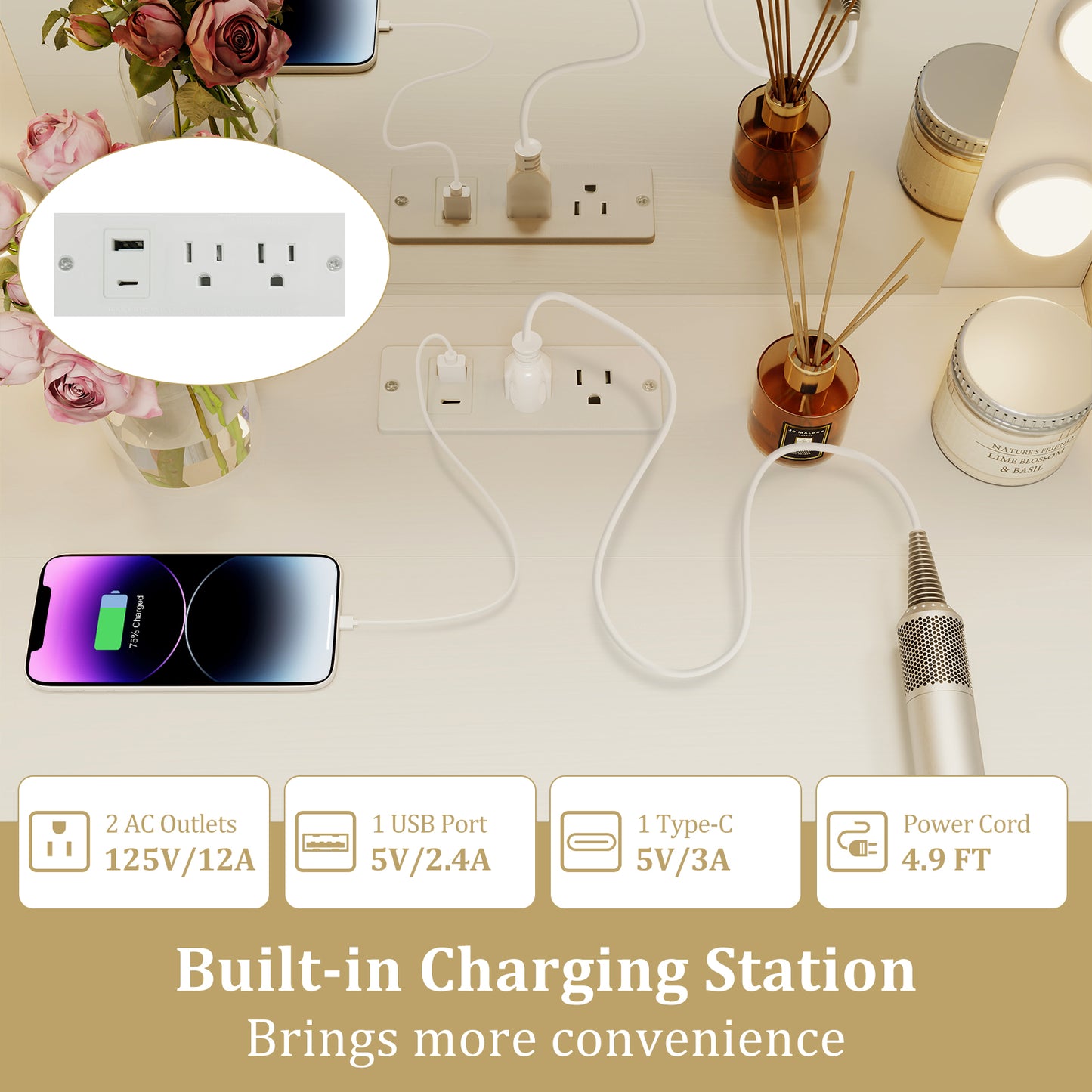 Compact Vanity Desk Set with 3-Color Lighted Mirror and Power Outlets, White Makeup Vanities at Gallery Canada