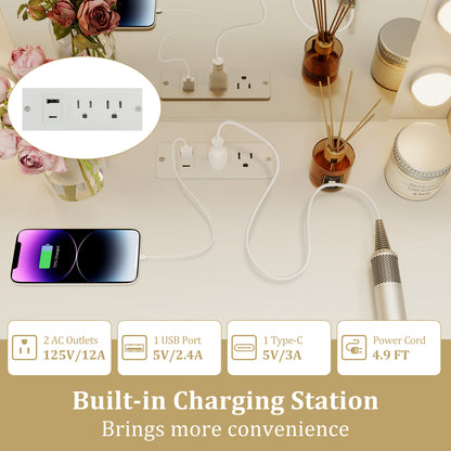 Compact Vanity Desk Set with 3-Color Lighted Mirror and Power Outlets, White Makeup Vanities at Gallery Canada