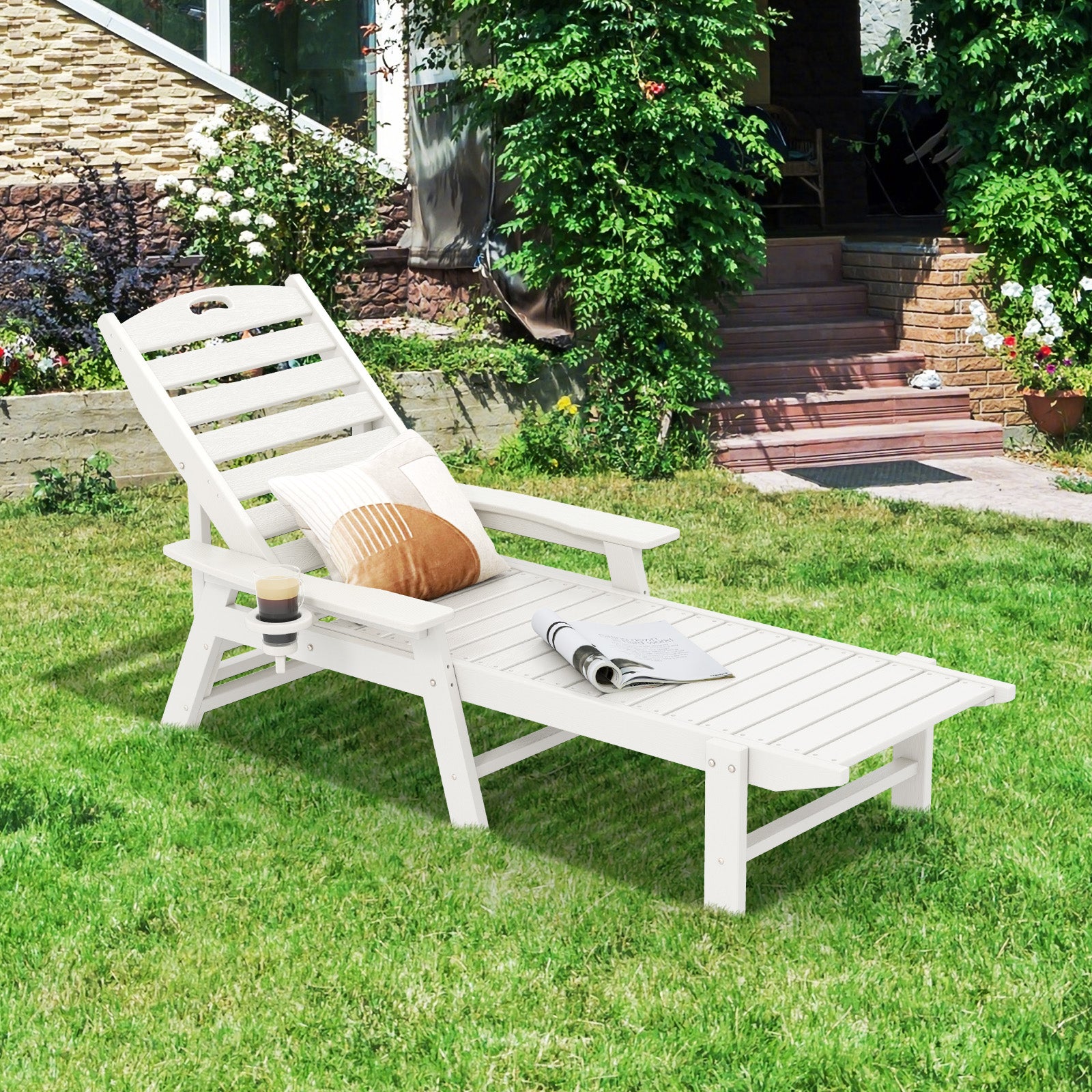 Patio Chaise Lounge Chair with 4 Position Backrest, White Outdoor Chaise Lounges at Gallery Canada