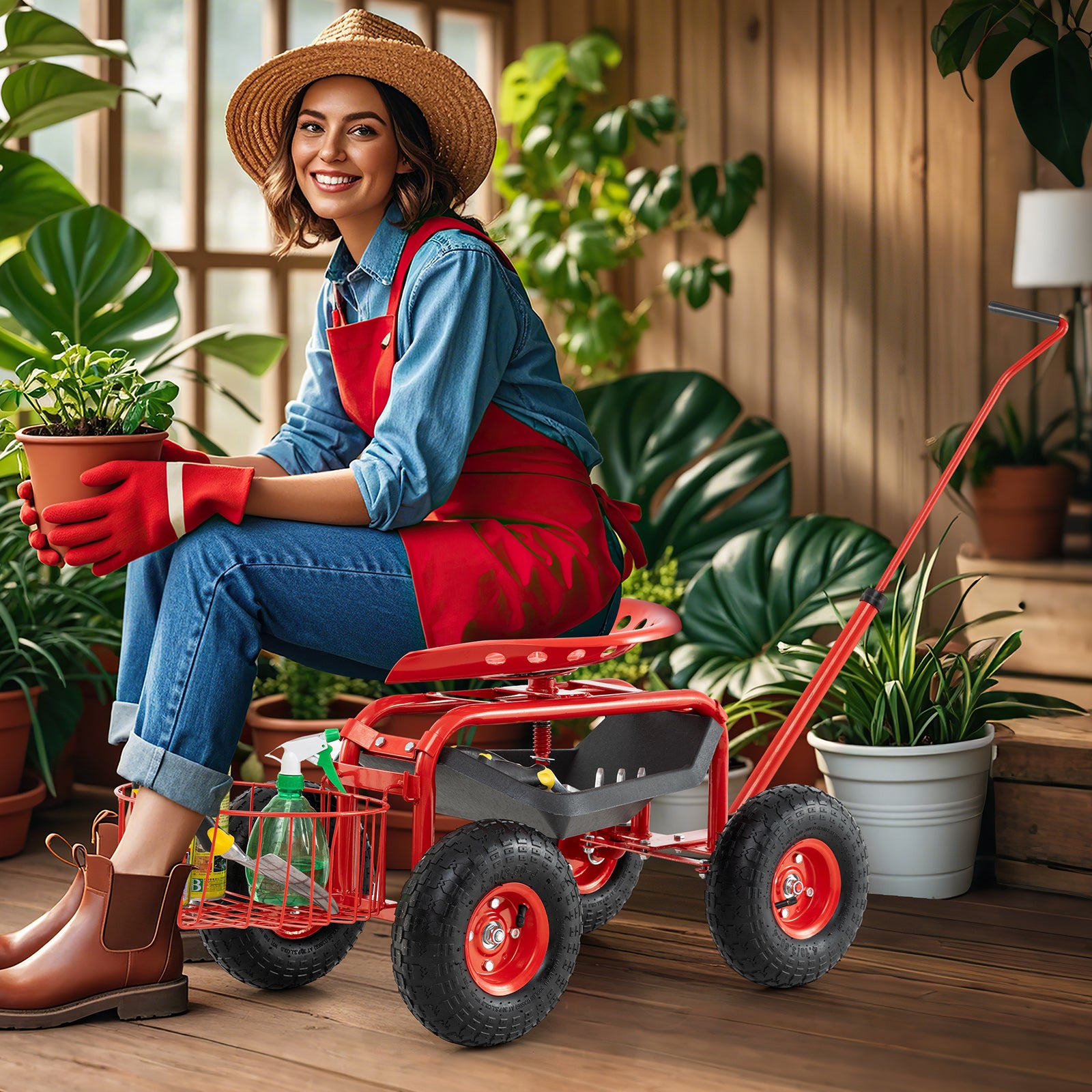 Extendable Handle Garden Cart, Rolling Wagon Scooter, Red Garden Tools at Gallery Canada