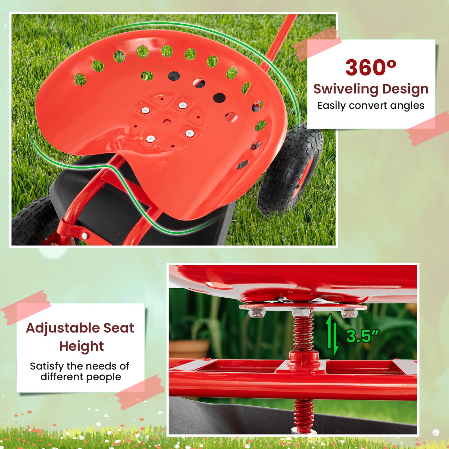 Extendable Handle Garden Cart, Rolling Wagon Scooter, Red Garden Tools at Gallery Canada