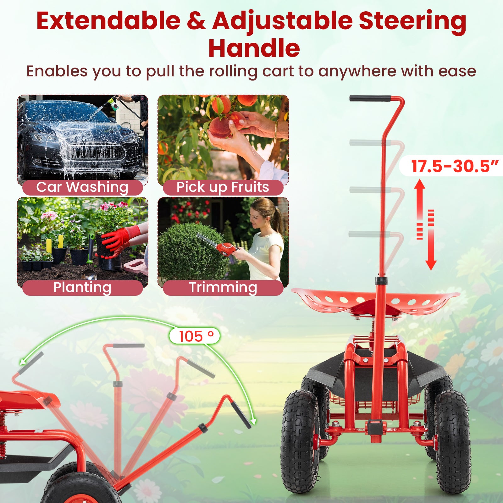 Extendable Handle Garden Cart, Rolling Wagon Scooter, Red Garden Tools at Gallery Canada