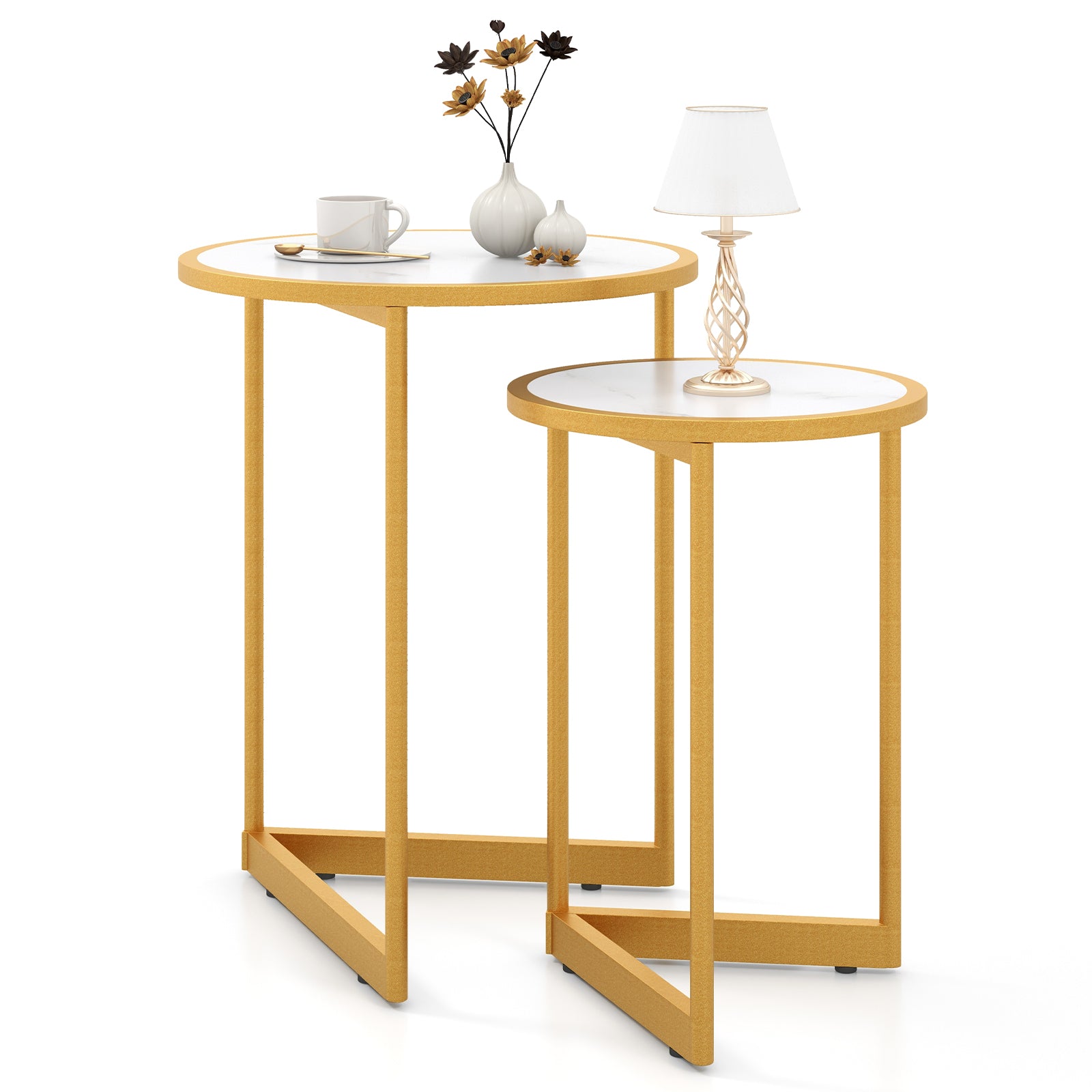 Round Nesting Table Set of 2 with Marble-like Tabletop, White Coffee Tables at Gallery Canada