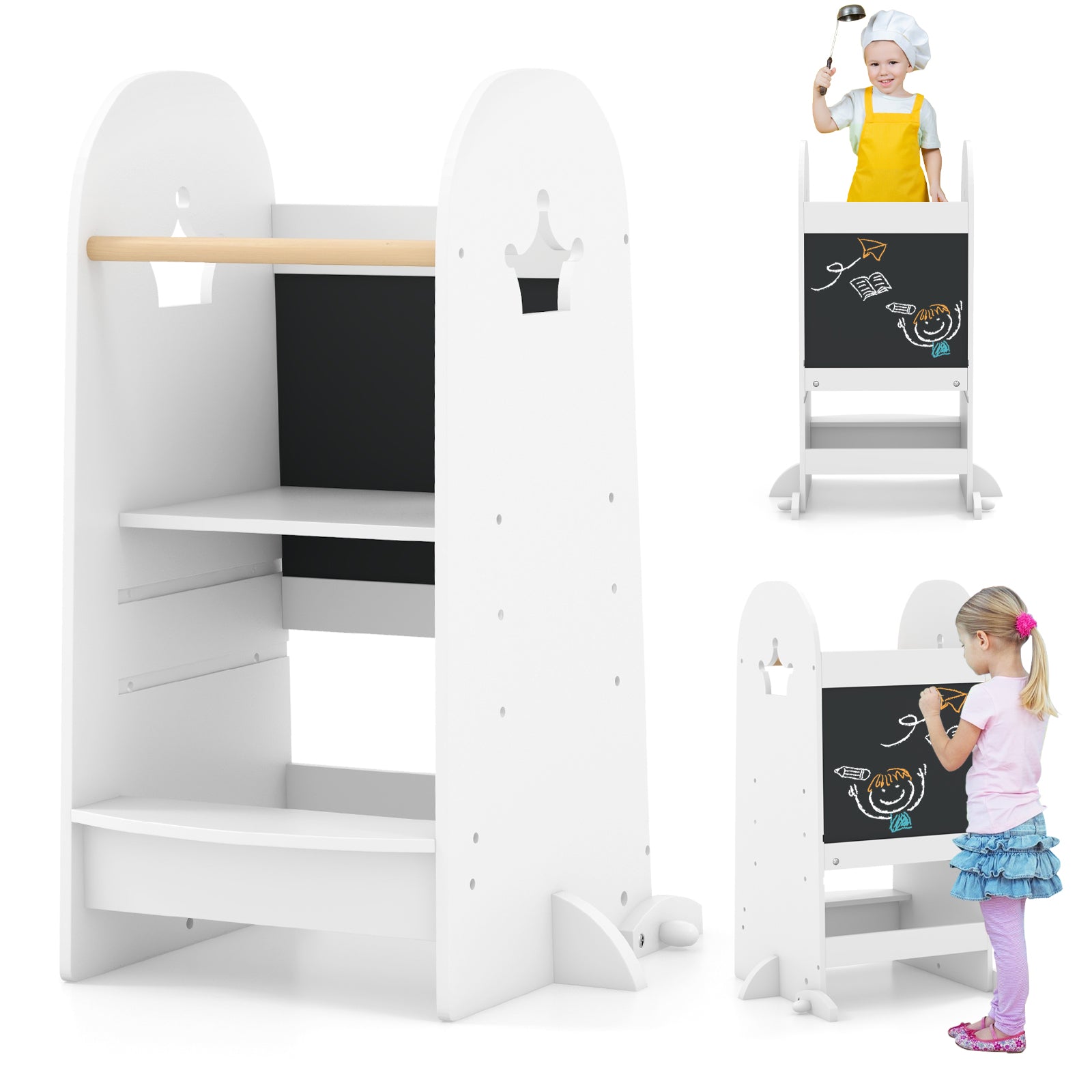 Kids Kitchen Tower Adjustable with Chalkboard and Safety Rail, White Toddler & Kids Furniture at Gallery Canada