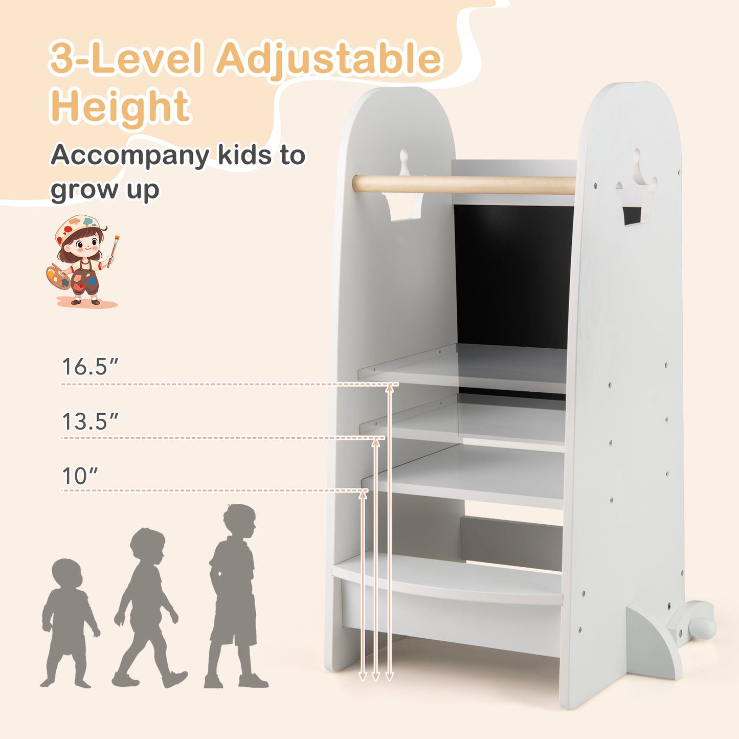 Kids Kitchen Tower Adjustable with Chalkboard and Safety Rail, White Toddler & Kids Furniture at Gallery Canada