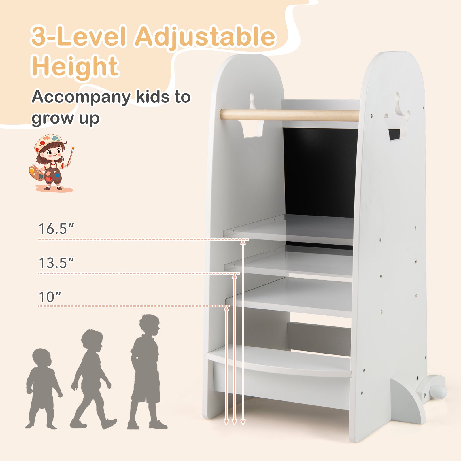 Kids Kitchen Tower Adjustable with Chalkboard and Safety Rail, White Toddler & Kids Furniture at Gallery Canada