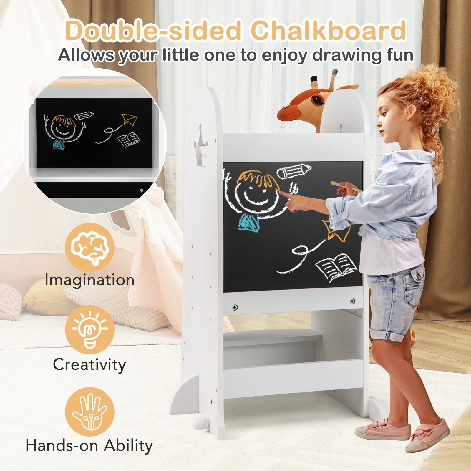 Kids Kitchen Tower Adjustable with Chalkboard and Safety Rail, White Toddler & Kids Furniture at Gallery Canada