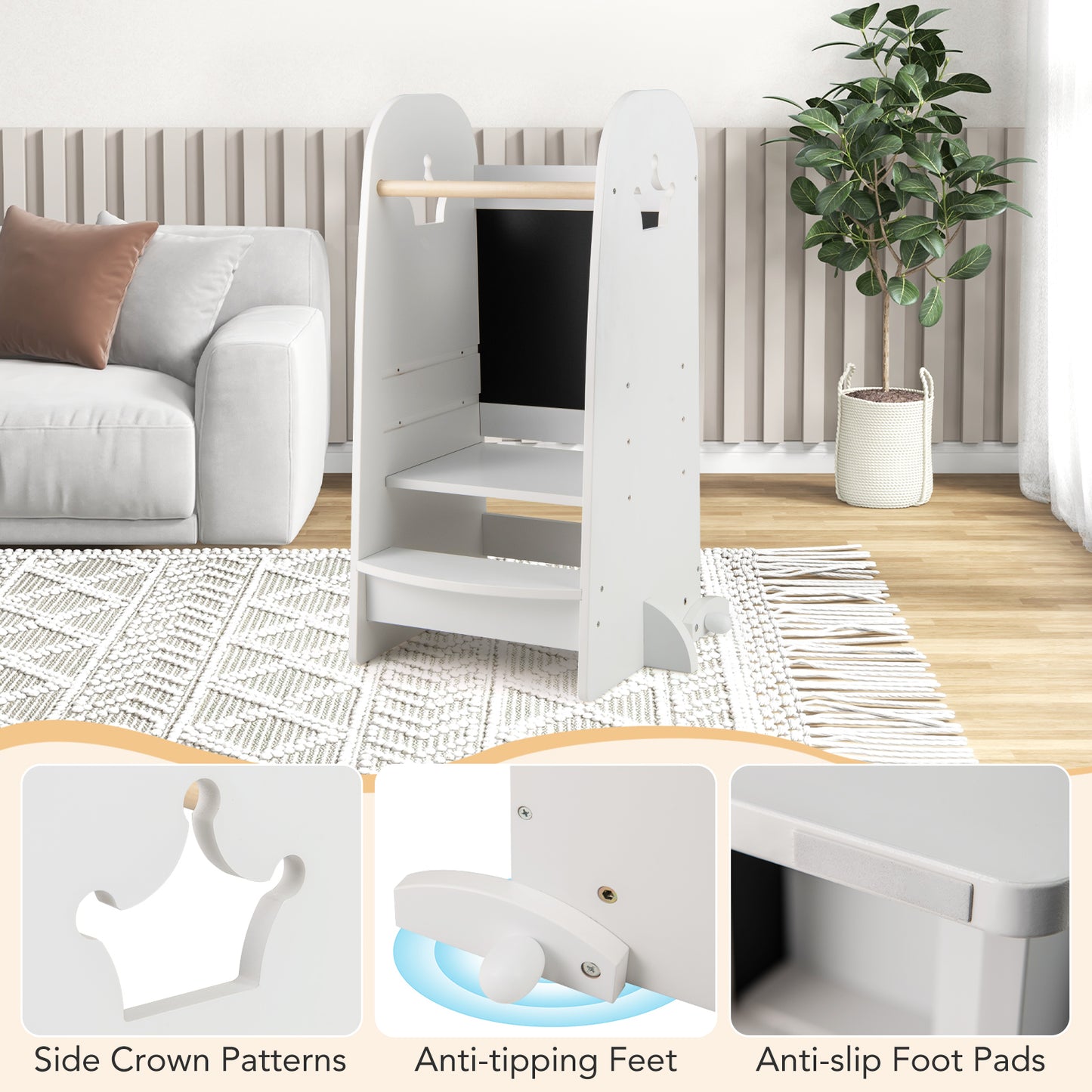 Kids Kitchen Tower Adjustable with Chalkboard and Safety Rail, White Toddler & Kids Furniture at Gallery Canada