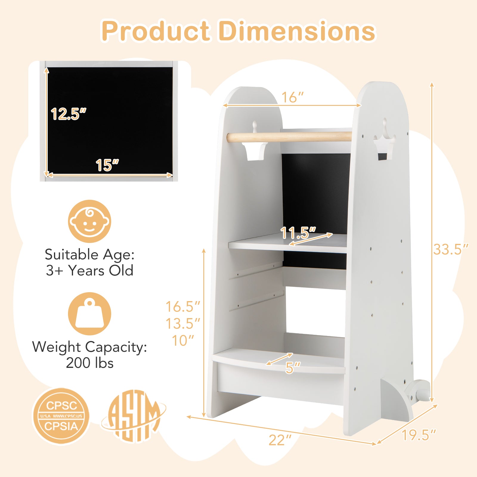 Kids Kitchen Tower Adjustable with Chalkboard and Safety Rail, White Toddler & Kids Furniture at Gallery Canada