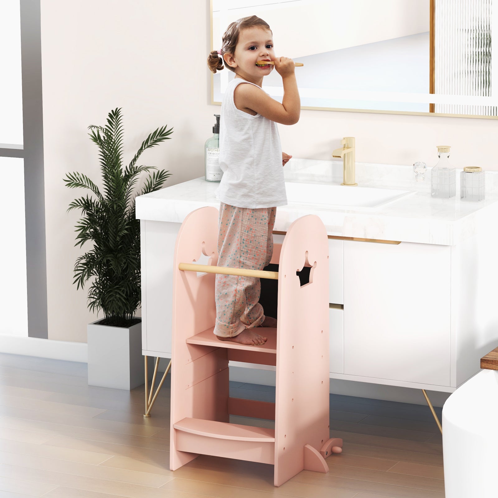 Kids Kitchen Tower Adjustable with Chalkboard and Safety Rail, Pink Toddler & Kids Furniture at Gallery Canada
