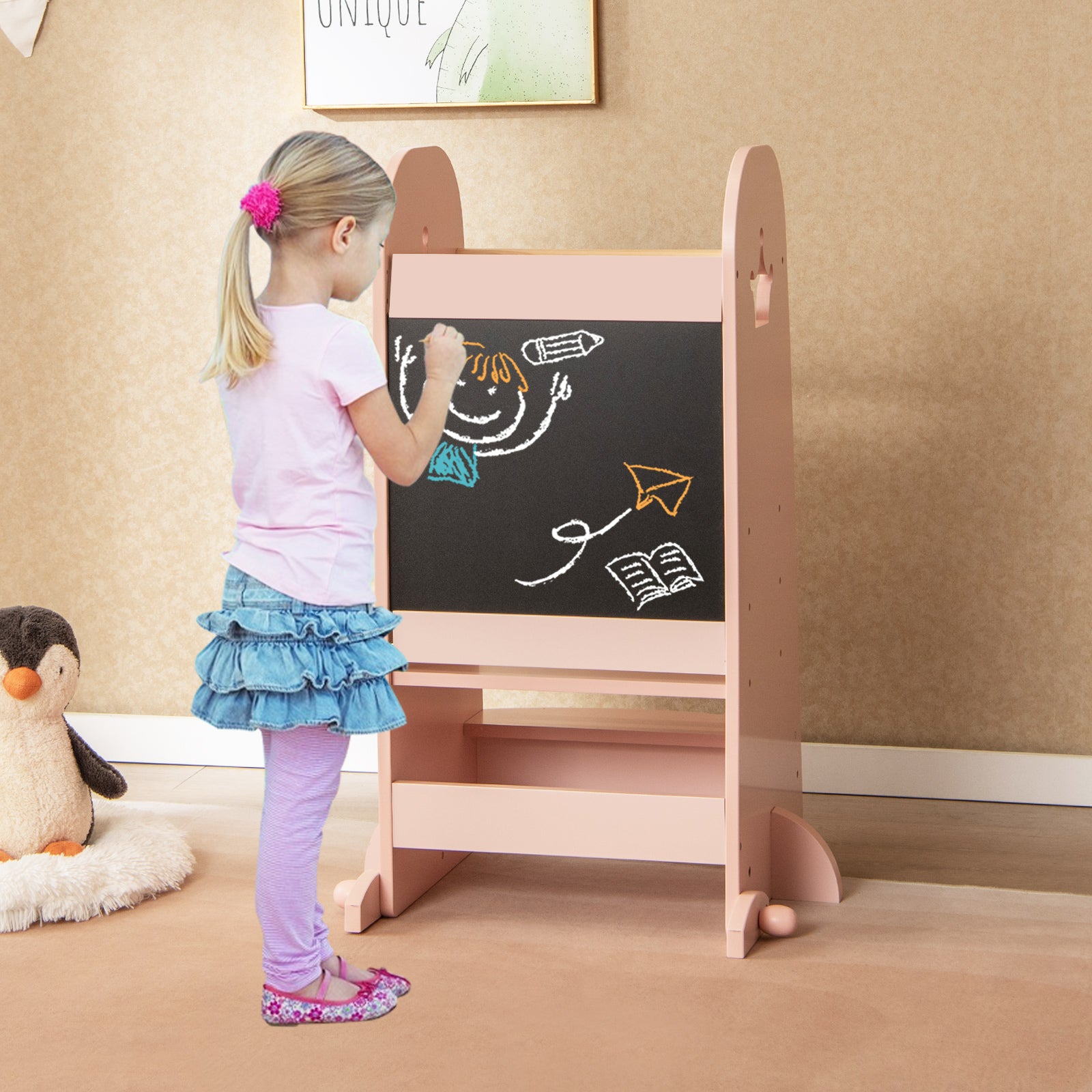 Kids Kitchen Tower Adjustable with Chalkboard and Safety Rail, Pink Toddler & Kids Furniture at Gallery Canada
