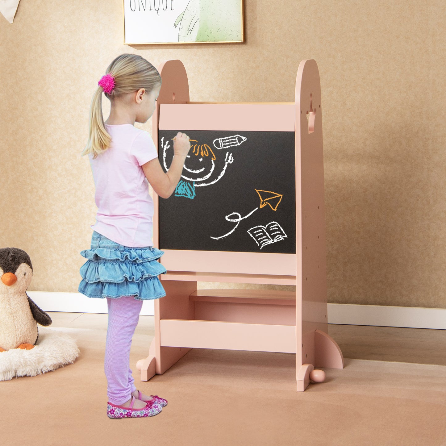 Kids Kitchen Tower Adjustable with Chalkboard and Safety Rail, Pink Toddler & Kids Furniture at Gallery Canada