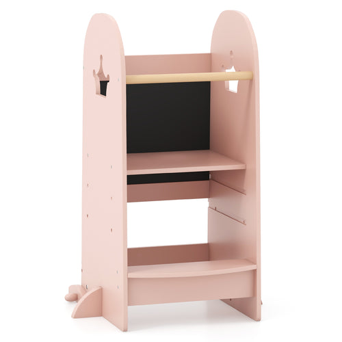 Kids Kitchen Tower Adjustable with Chalkboard and Safety Rail, Pink