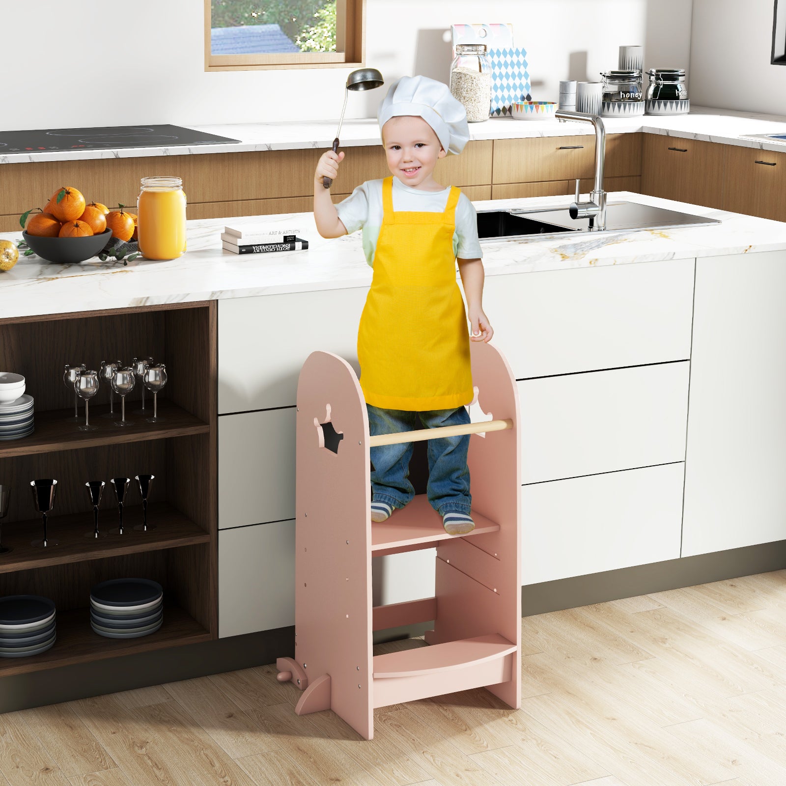 Kids Kitchen Tower Adjustable with Chalkboard and Safety Rail, Pink Toddler & Kids Furniture at Gallery Canada