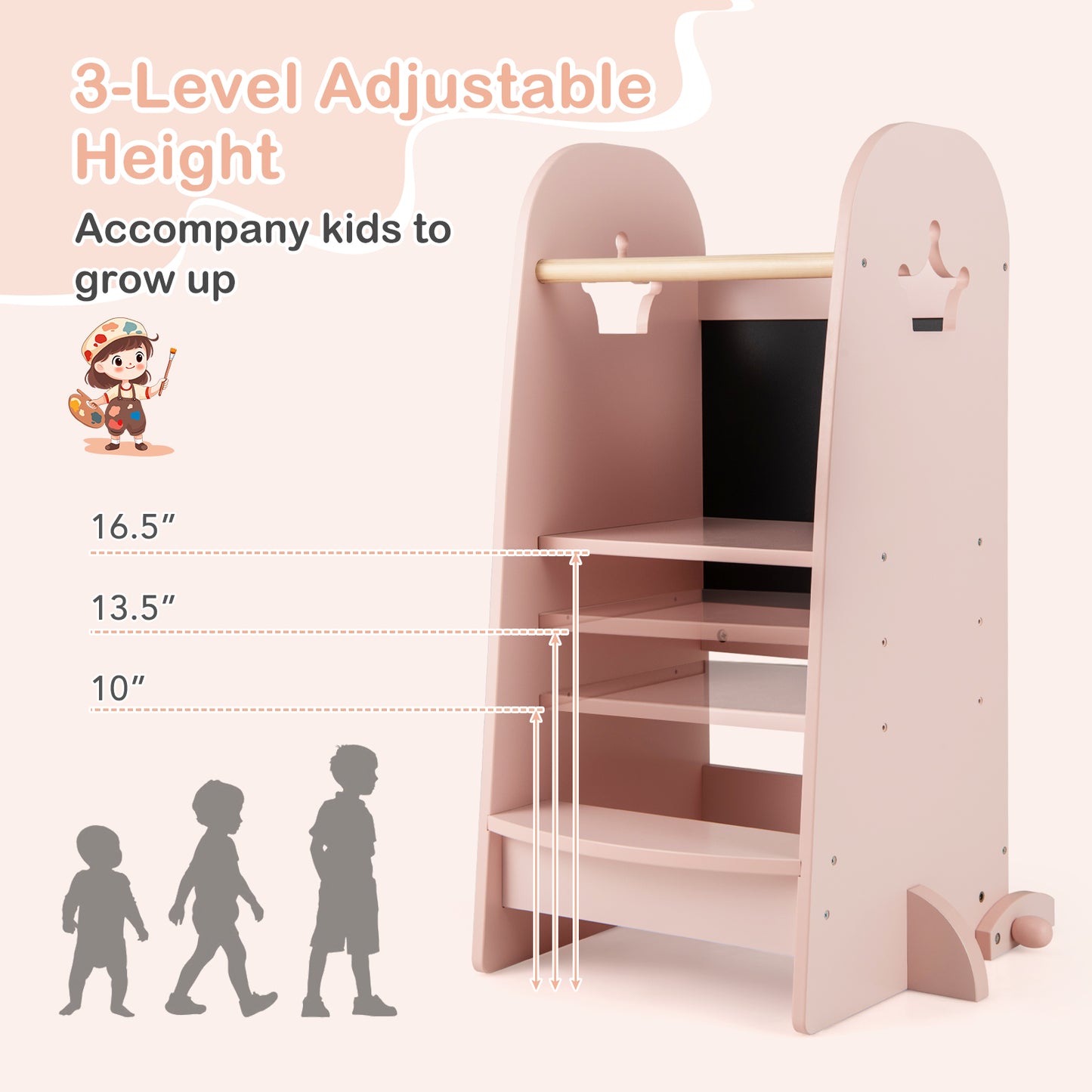 Kids Kitchen Tower Adjustable with Chalkboard and Safety Rail, Pink Toddler & Kids Furniture at Gallery Canada