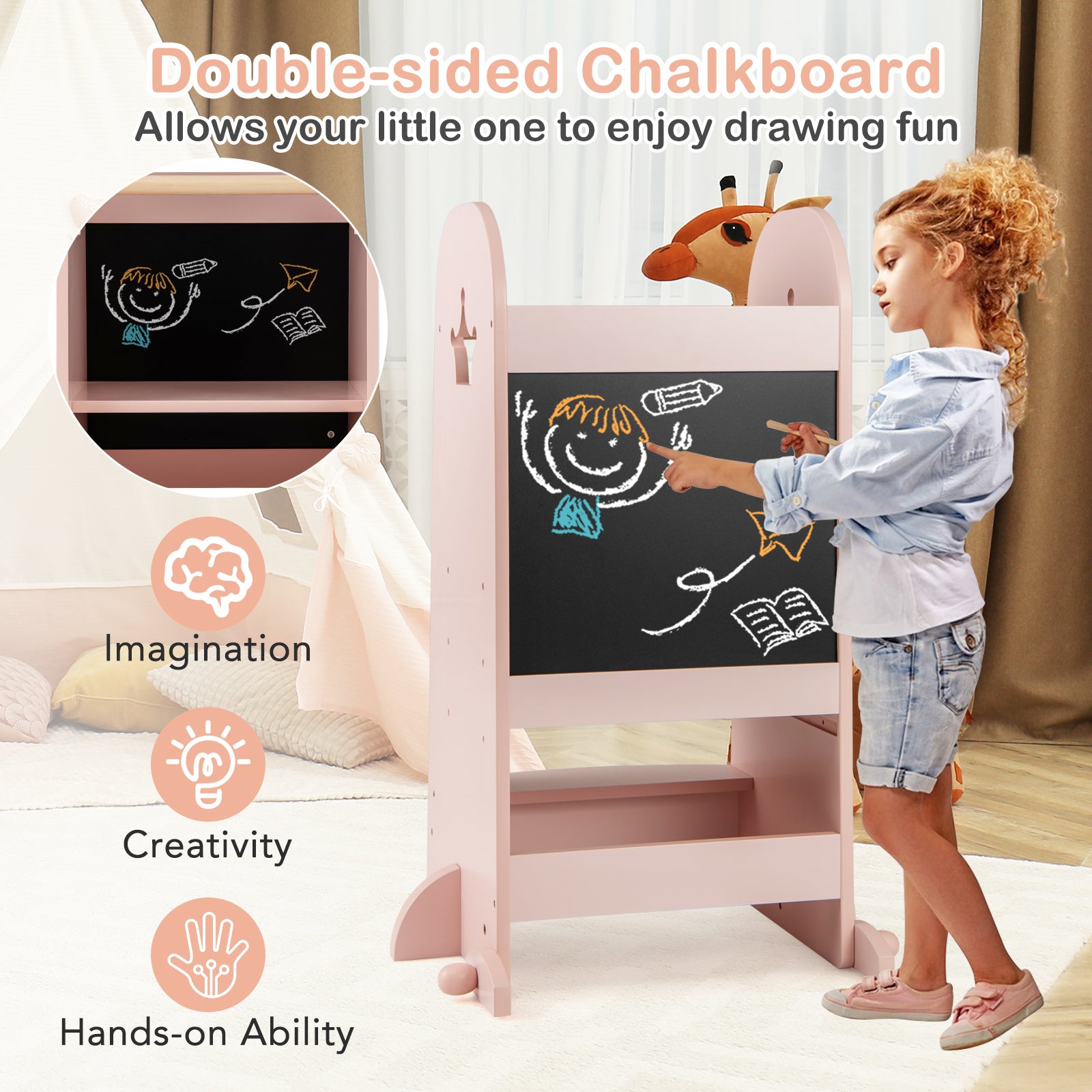 Kids Kitchen Tower Adjustable with Chalkboard and Safety Rail, Pink Toddler & Kids Furniture at Gallery Canada