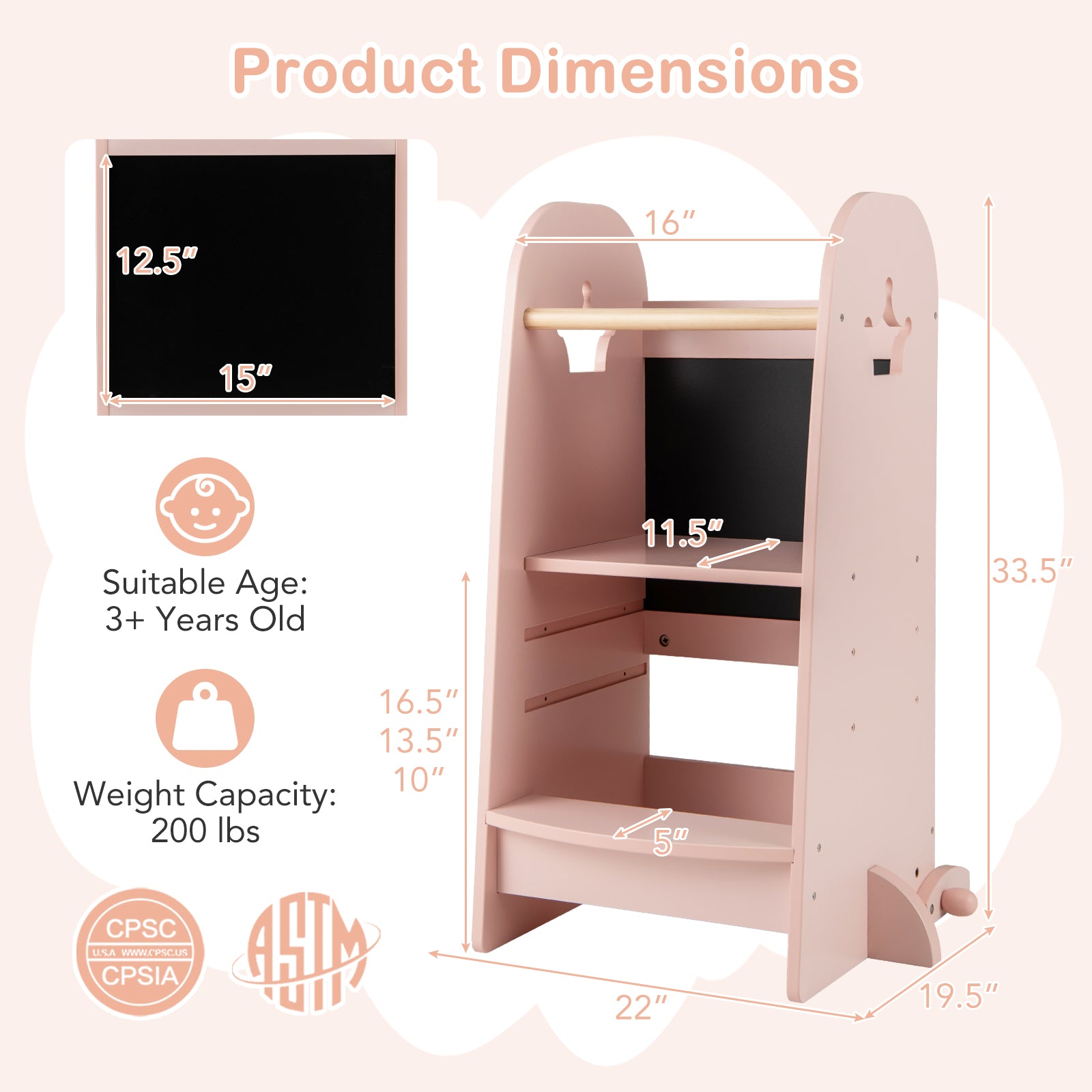Kids Kitchen Tower Adjustable with Chalkboard and Safety Rail, Pink Toddler & Kids Furniture at Gallery Canada
