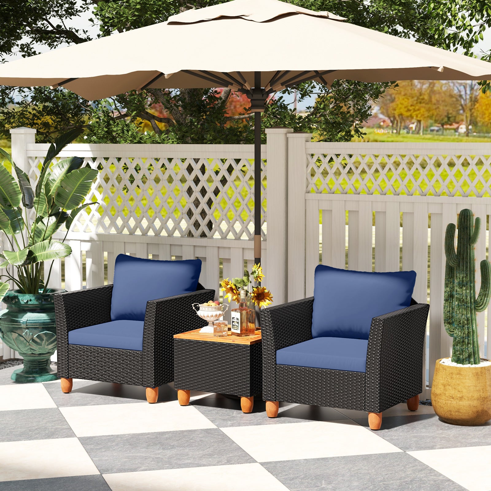 3 Pieces Outdoor Patio Rattan Furniture Set, Navy Patio Conversation Sets at Gallery Canada