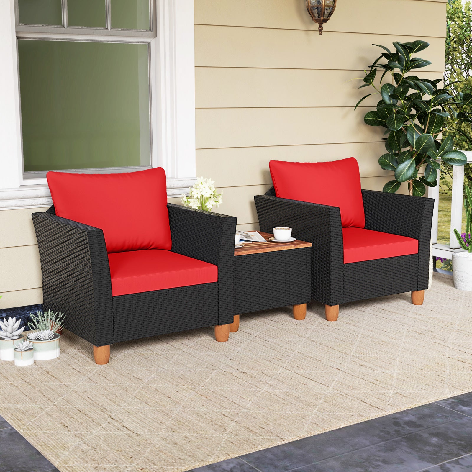 3 Pieces Outdoor Patio Rattan Furniture Set, Red Patio Conversation Sets at Gallery Canada