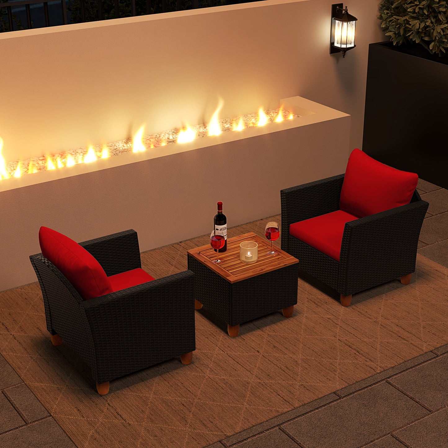 3 Pieces Outdoor Patio Rattan Furniture Set, Red Patio Conversation Sets at Gallery Canada