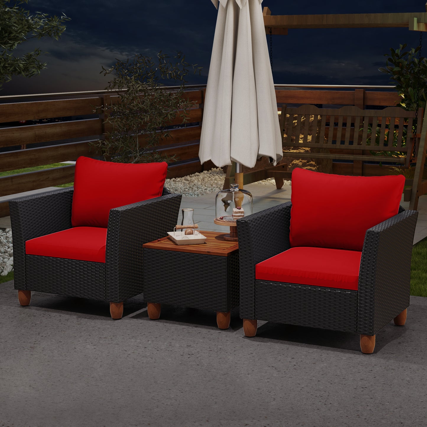 3 Pieces Outdoor Patio Rattan Furniture Set, Red Patio Conversation Sets at Gallery Canada