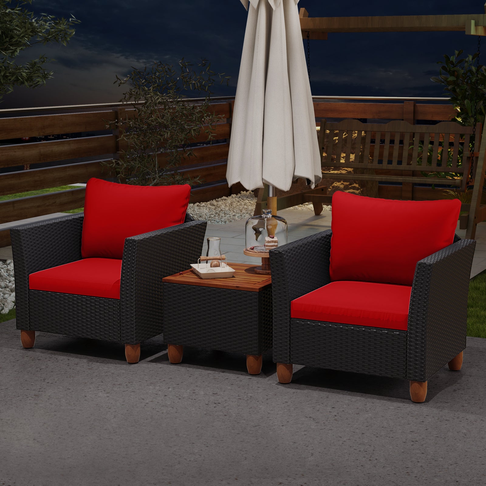 3 Pieces Outdoor Patio Rattan Furniture Set, Red Patio Conversation Sets at Gallery Canada