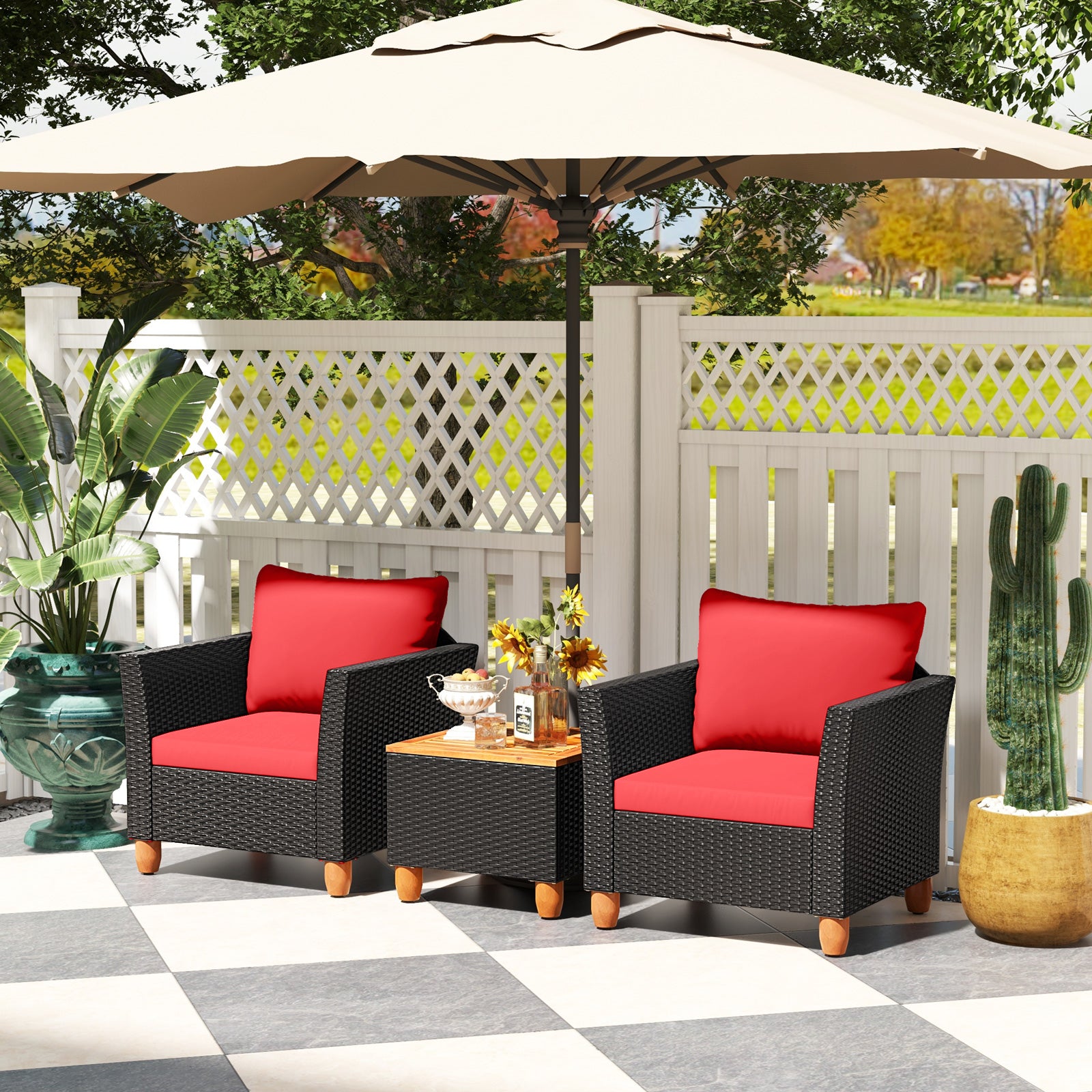3 Pieces Outdoor Patio Rattan Furniture Set, Red Patio Conversation Sets at Gallery Canada