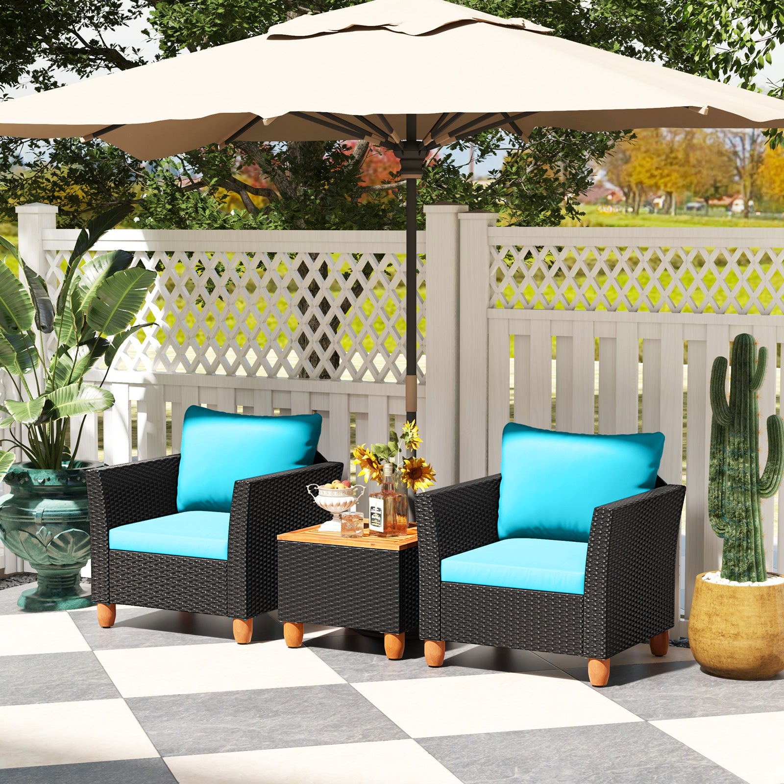 3 Pieces Outdoor Patio Rattan Furniture Set, Turquoise Patio Conversation Sets at Gallery Canada
