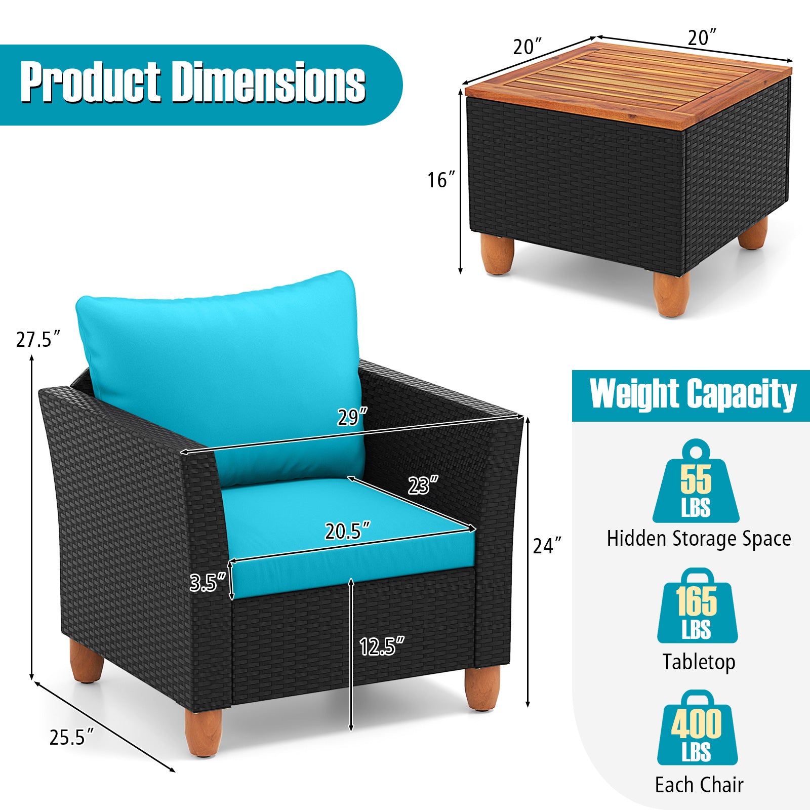 3 Pieces Outdoor Patio Rattan Furniture Set, Turquoise Patio Conversation Sets at Gallery Canada