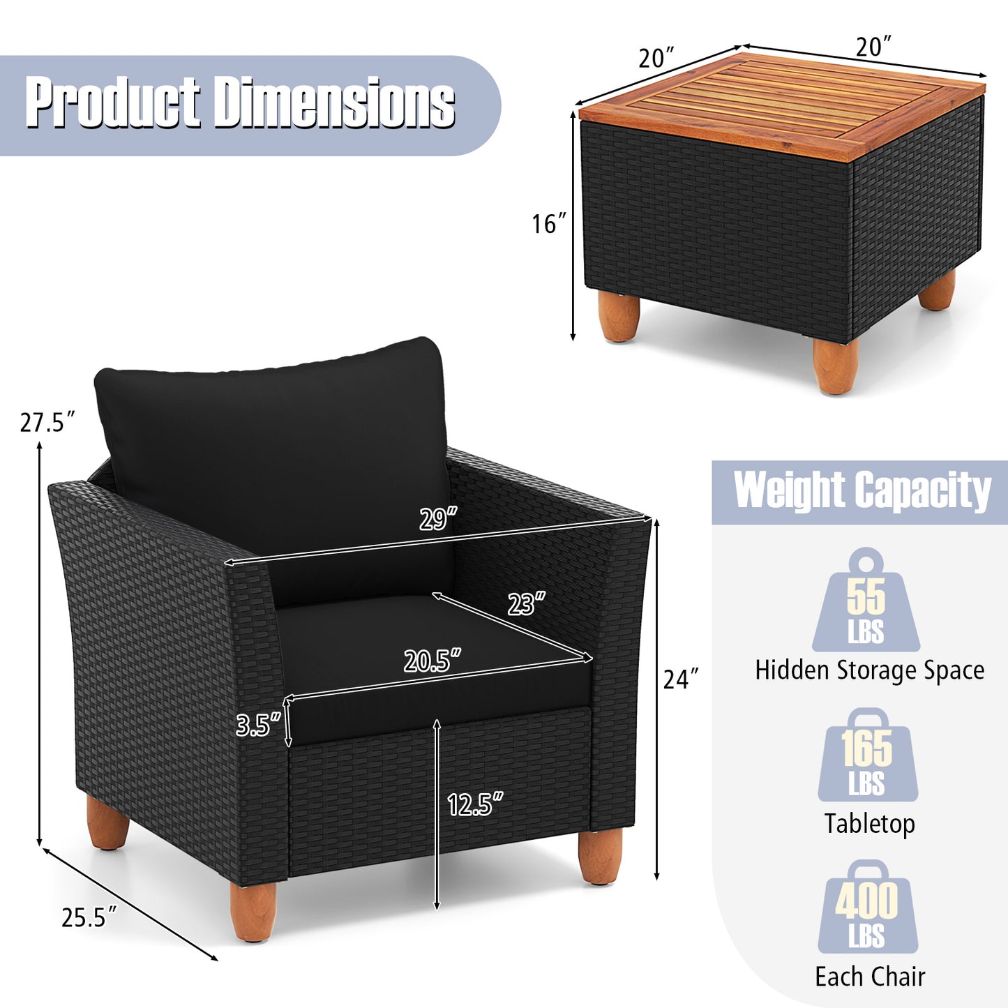 3 Piece Outdoor Patio Rattan Furniture Set, Black Patio Conversation Sets at Gallery Canada