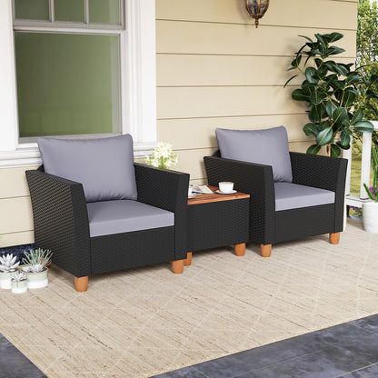 3 Pieces Outdoor Patio Wicker Furniture Set with Cushions and Acacia Wood Coffee Table, Gray Patio Conversation Sets at Gallery Canada