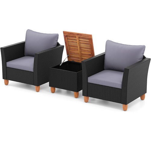 3-Piece Outdoor Patio Wicker Set, With Cushions And Acacia Wood Coffee Table, Gray
