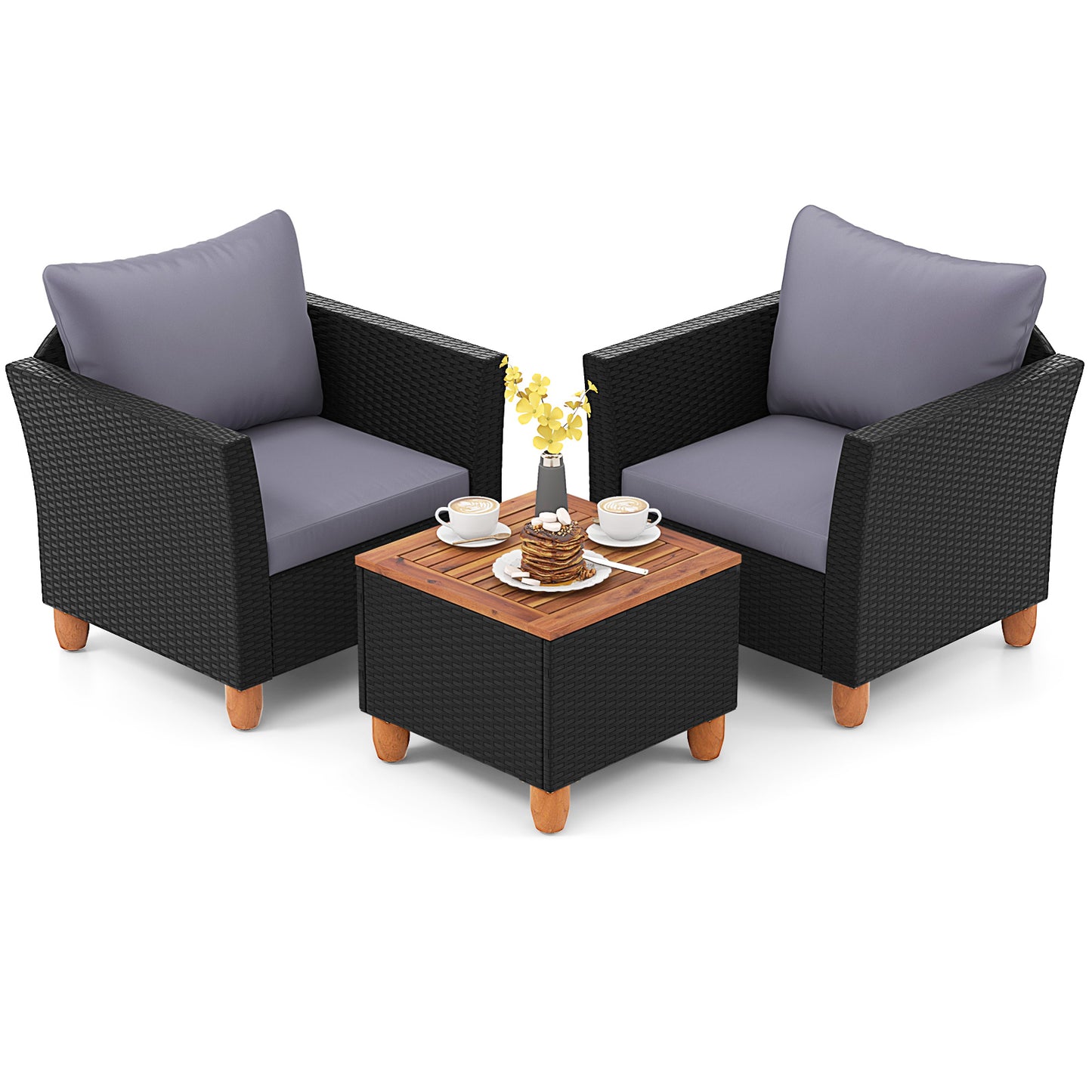 3 Pieces Outdoor Patio Wicker Furniture Set with Cushions and Acacia Wood Coffee Table, Gray Patio Conversation Sets at Gallery Canada