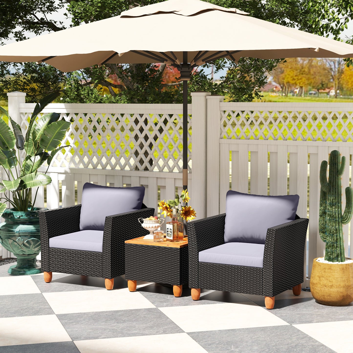 3 Pieces Outdoor Patio Wicker Furniture Set with Cushions and Acacia Wood Coffee Table, Gray Patio Conversation Sets at Gallery Canada