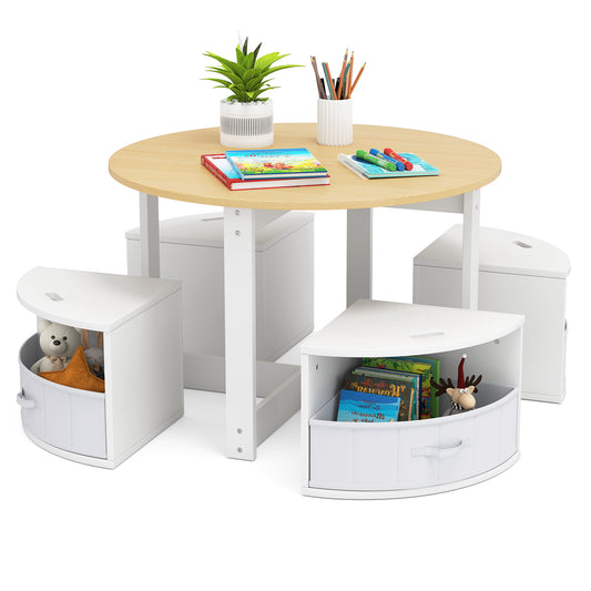 5 Piece Toddler Round Nesting Table, 4 Storage Stools, Natural Kids Table & Chair Sets Natural at Gallery Canada