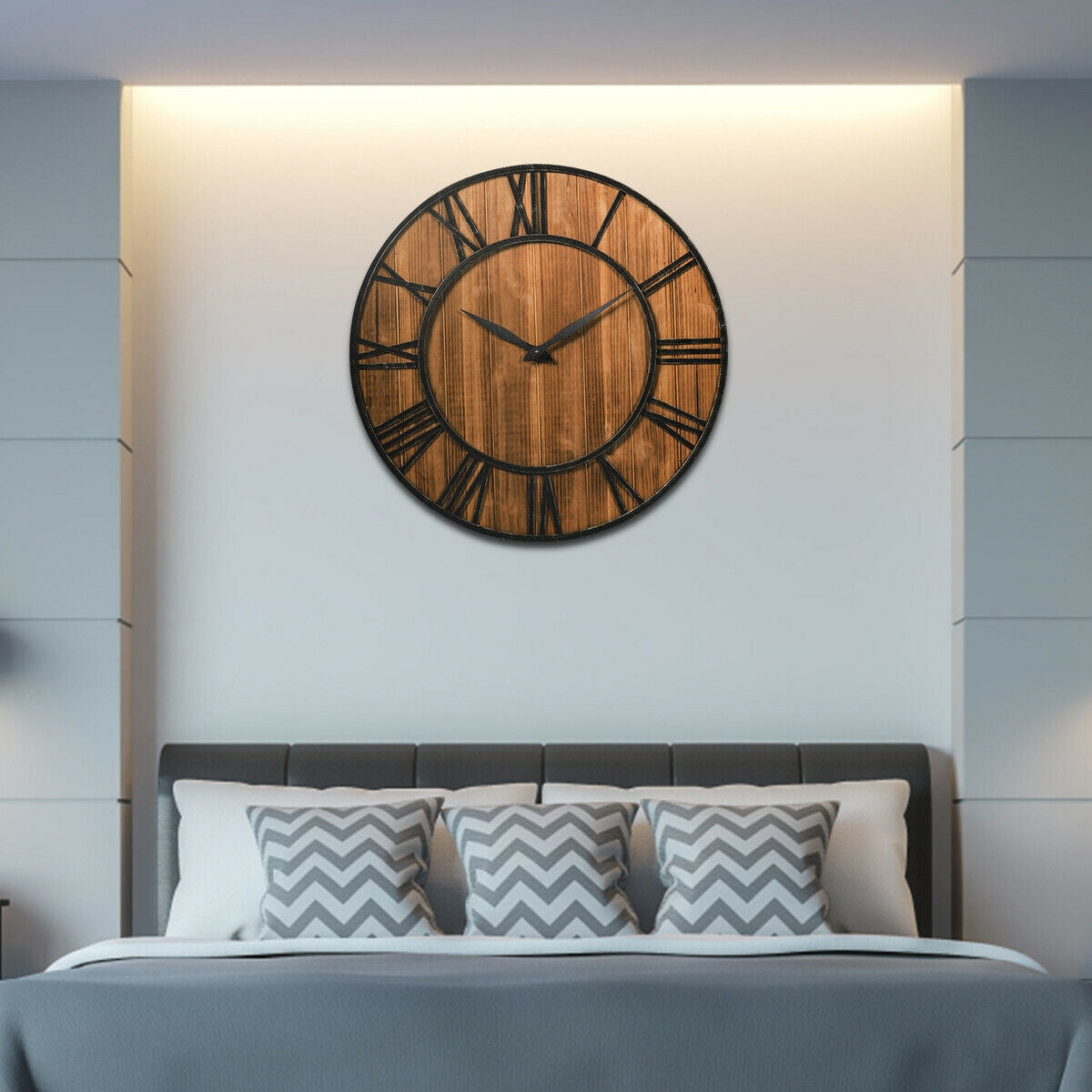27 Inch Round Wall Clock, Wooden Silent, Battery, Brown Outdoor Decor at Gallery Canada