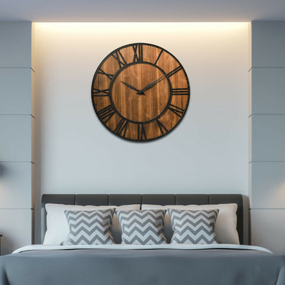 27 Inch Round Wall Clock, Wooden Silent, Battery, Brown Outdoor Decor at Gallery Canada