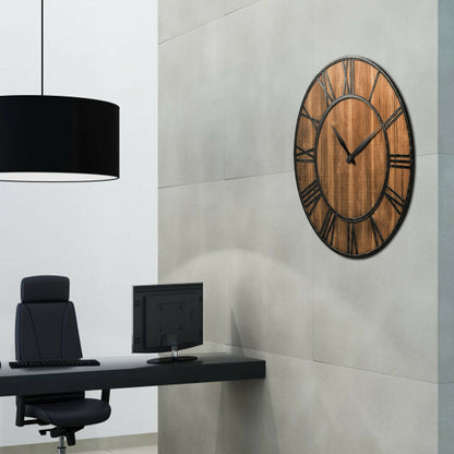 27 Inch Round Wall Clock, Wooden Silent, Battery, Brown Outdoor Decor at Gallery Canada