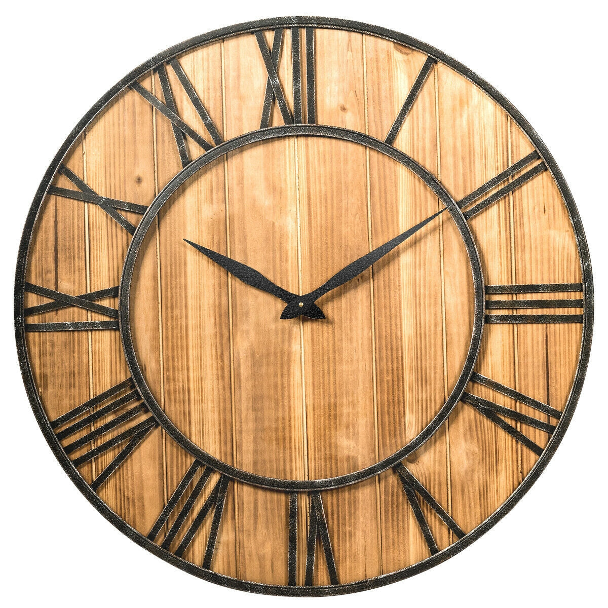 27 Inch Round Wall Clock, Wooden Silent, Battery, Brown Outdoor Decor at Gallery Canada