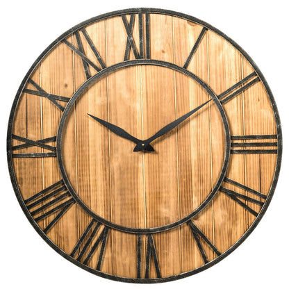 27 Inch Round Wall Clock, Wooden Silent, Battery, Brown Outdoor Decor at Gallery Canada
